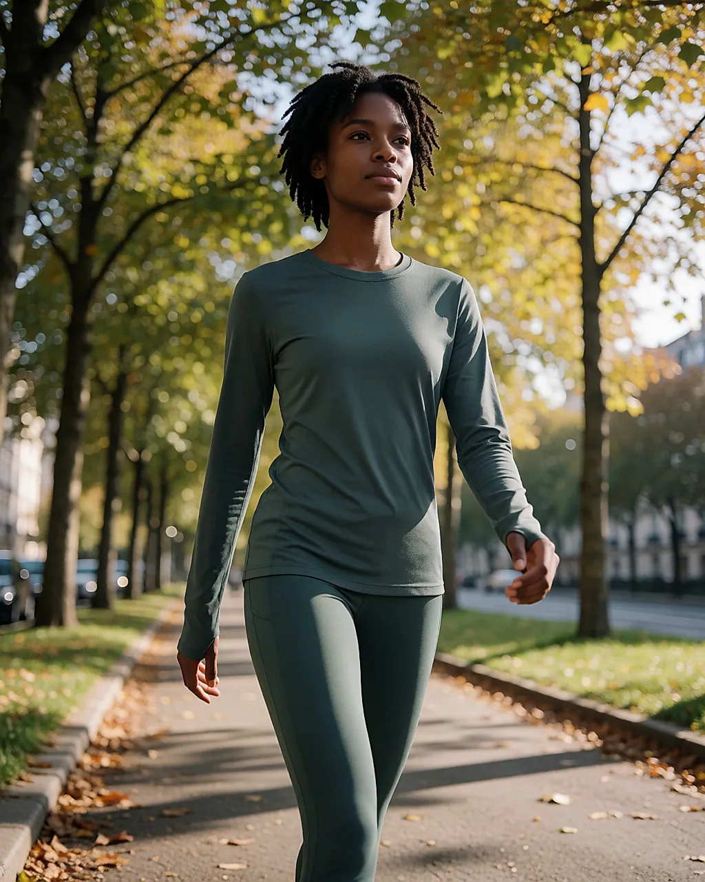 Junge Schwarze Frau in blickdichter Sportkleidung geht am frühen Morgen zügig über einen von Bäumen gesäumten Weg