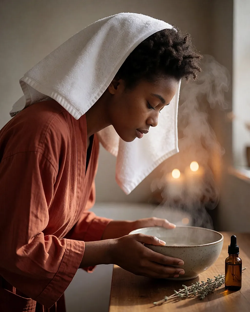 Profile of a woman under a towel over a bowl of hot water for a facial steam