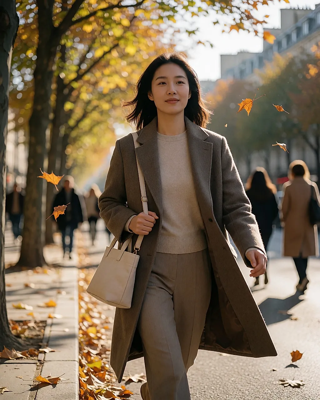 Woman walking briskly along a tree-lined street in autumn