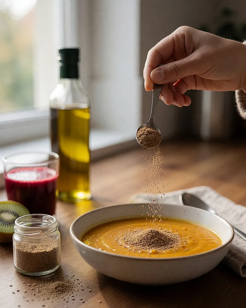 Hand sprinkling ground flaxseed over a squash and lentil soup