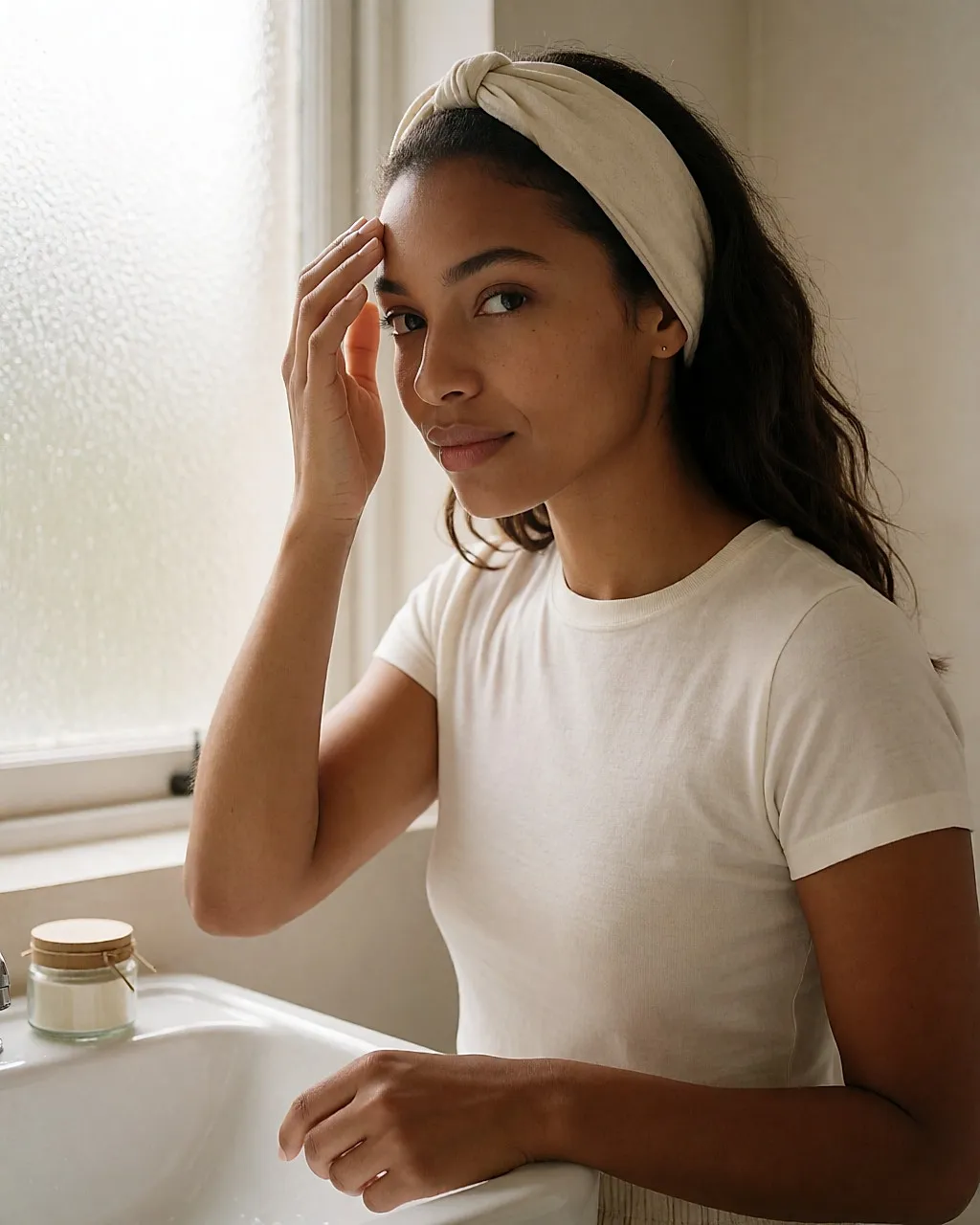 Woman massaging a fine foam over her T-zone in a bathroom mirror