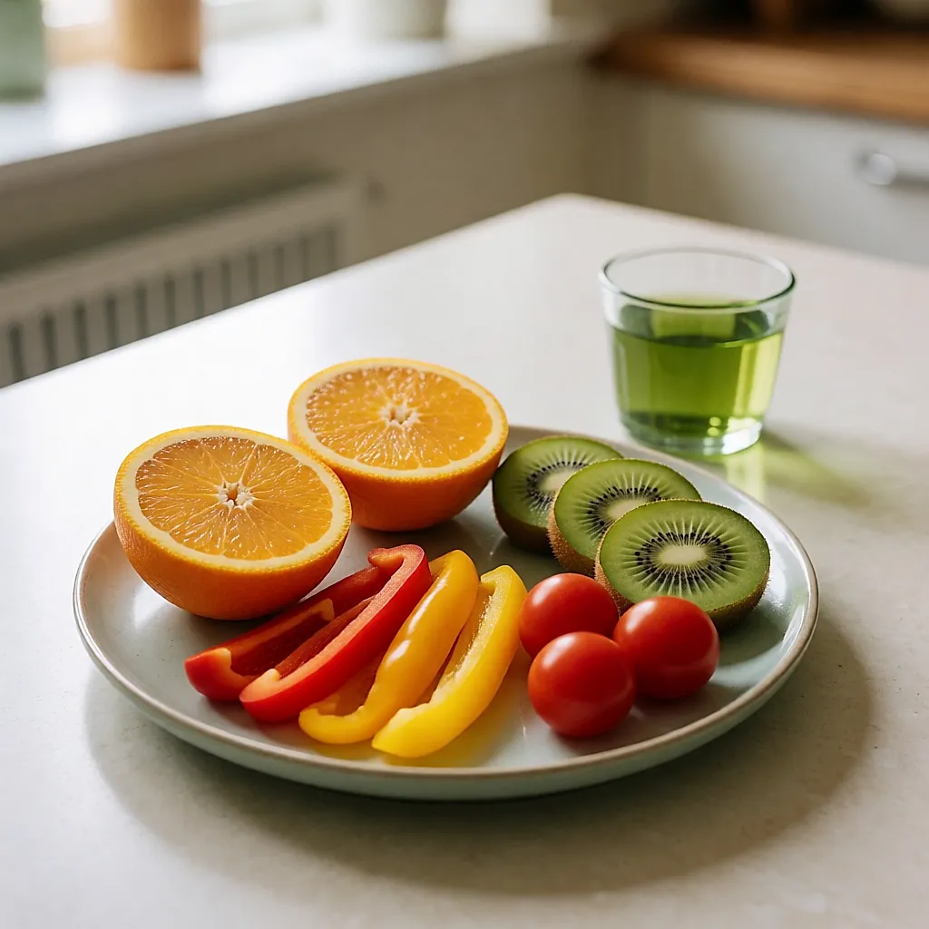 Teller mit buntem Obst und Gemüse, daneben eine Tasse grüner Tee