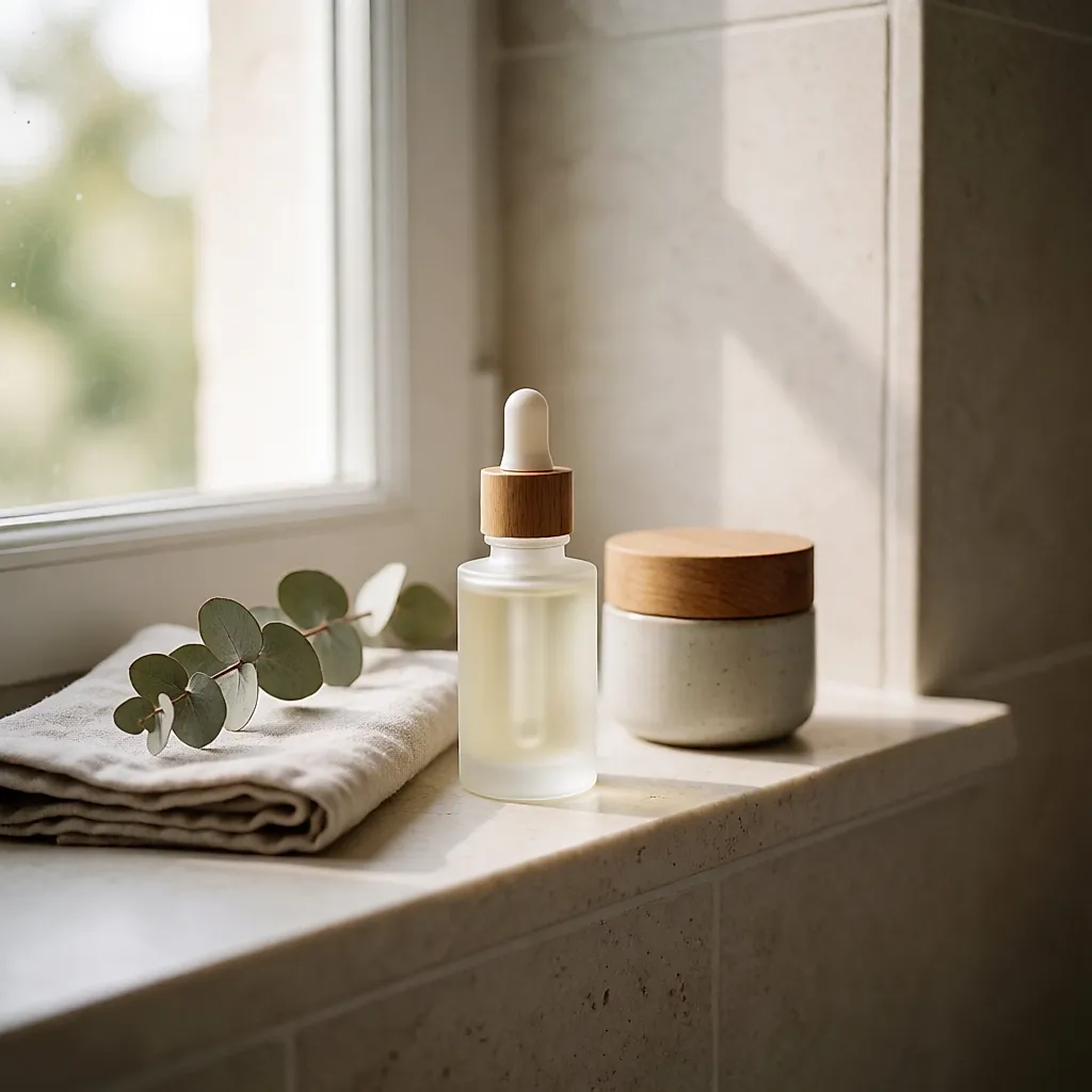Flacon de sérum et pot de crème en verre sur une étagère de salle de bain