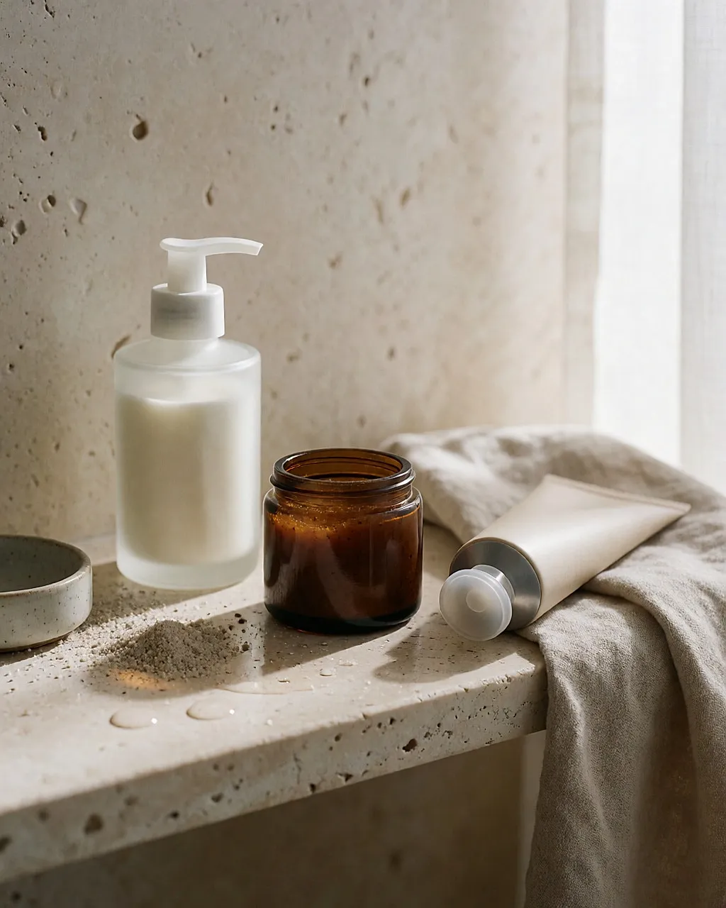 Drei Produkte ohne Etikett – Pumpflasche, Peeling-Tiegel, Maskentube – auf einem hellen Steinregal
