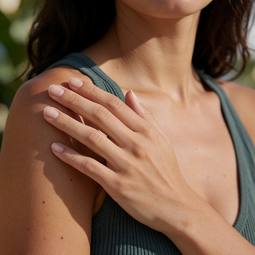 Gros plan cadré serré sur le décolleté dégagé d'une femme appliquant délicatement un soin solaire sur sa peau, visage hors cadre, ombre douce d'une terrasse