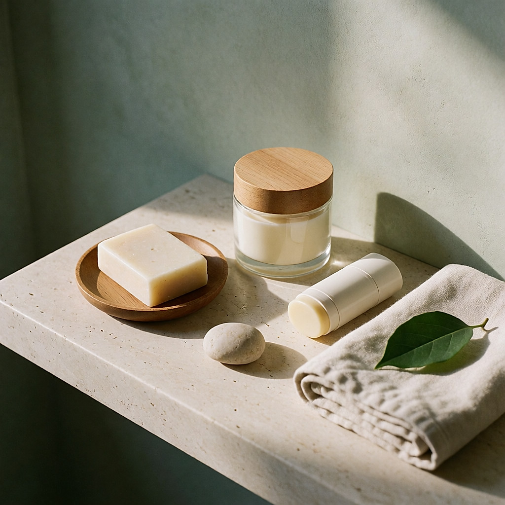 Savon solide, pot de crème en verre, écran solaire et linge plié sur une étagère claire