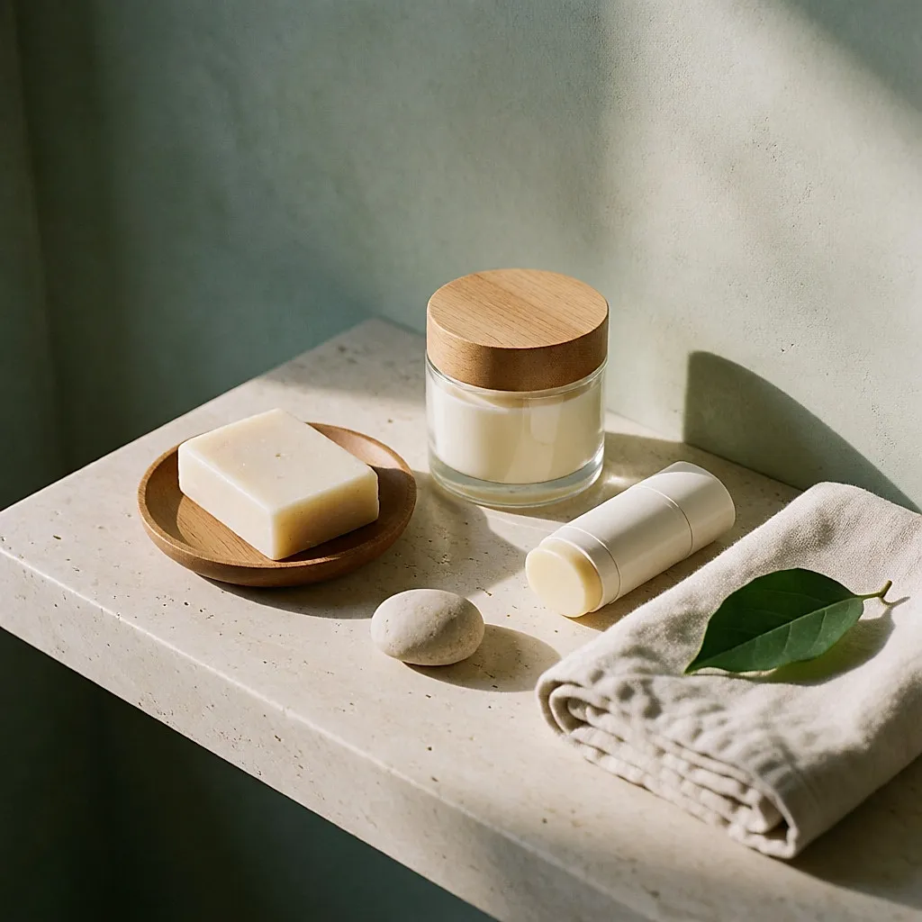 Festes Seifenstück, Glasgefäß mit Creme, Sonnencreme und gefaltete Wäsche auf einem hellen Regal