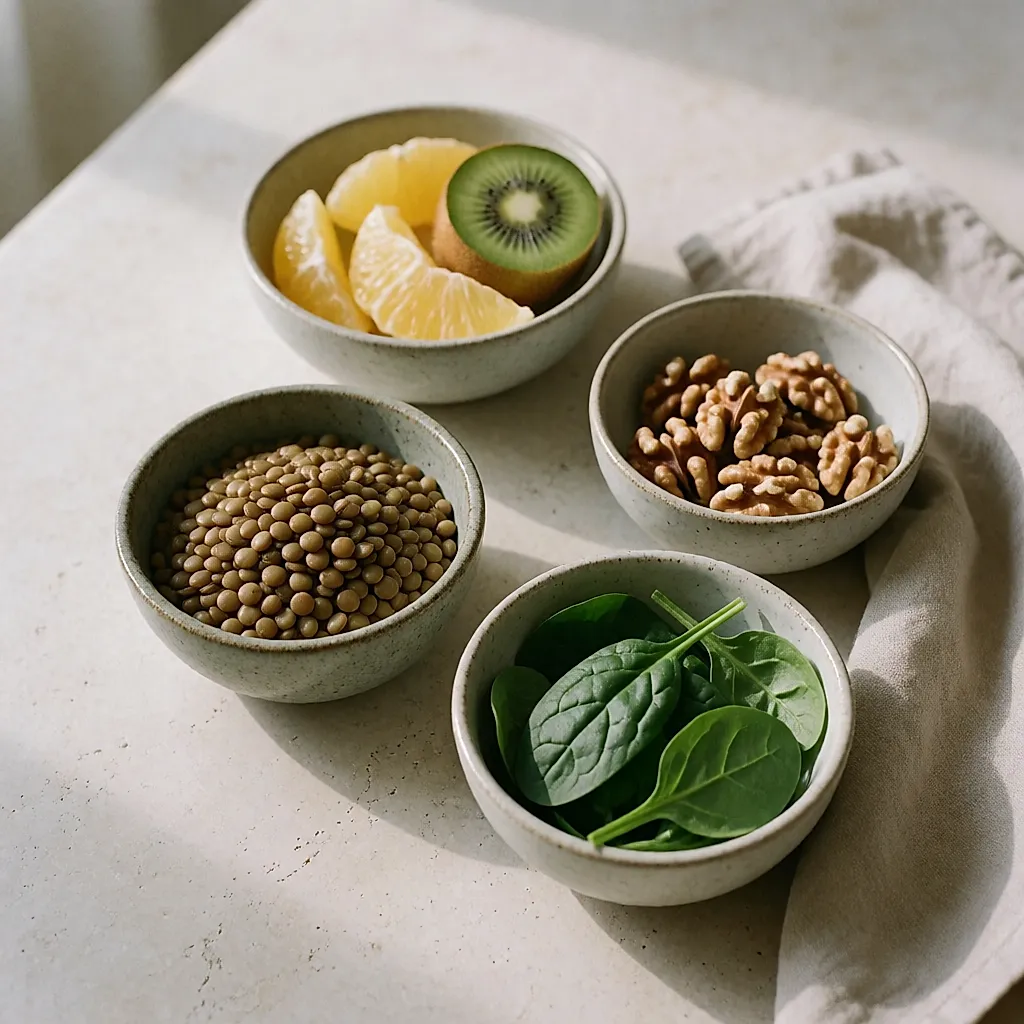 Quatre petits bols d'agrumes, noix, lentilles et épinards frais