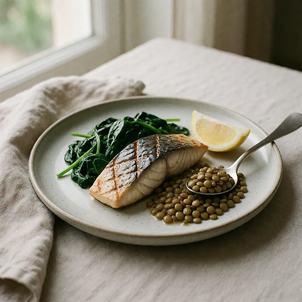 Une assiette de maquereau grillé, épinards et citron