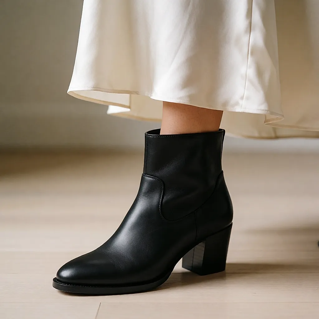 Détail de la cheville : ourlet de robe longue en satin posé sur une bottine à bout couvert et talon bloc
