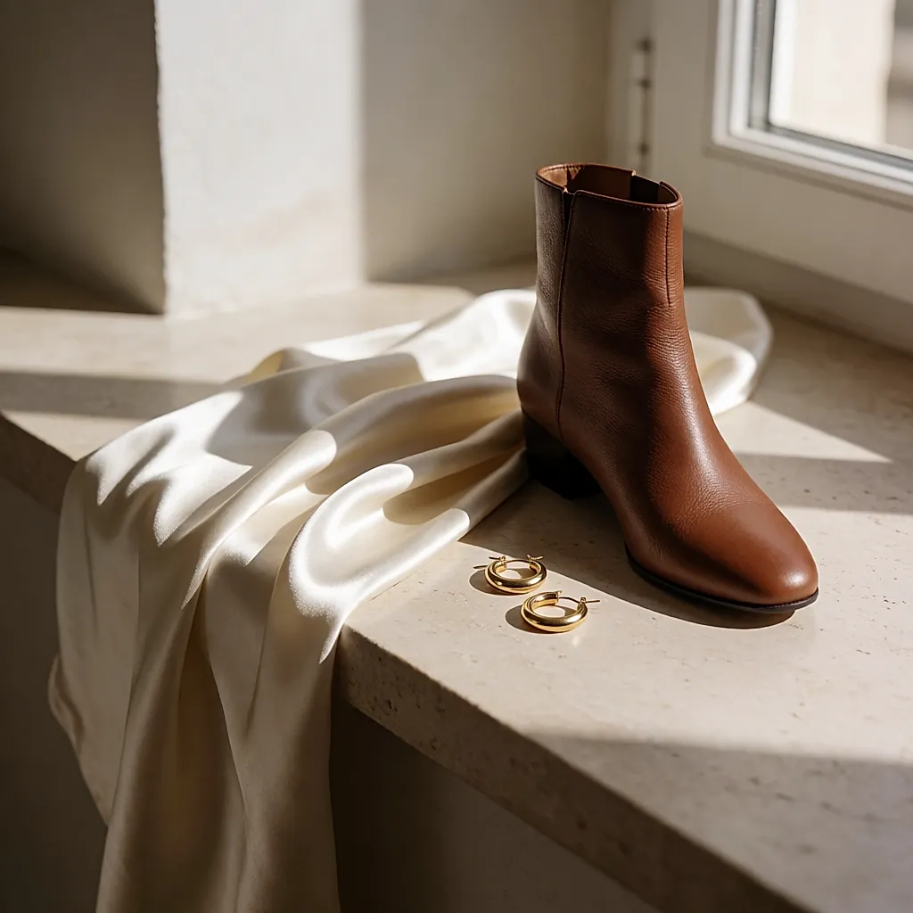 Contraste de matières : satin fluide, cuir brut et petites boucles dorées