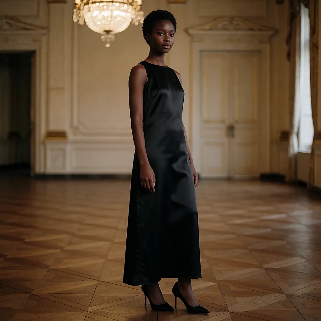 Escarpin noir à talon aiguille sous une robe fourreau en satin duchesse