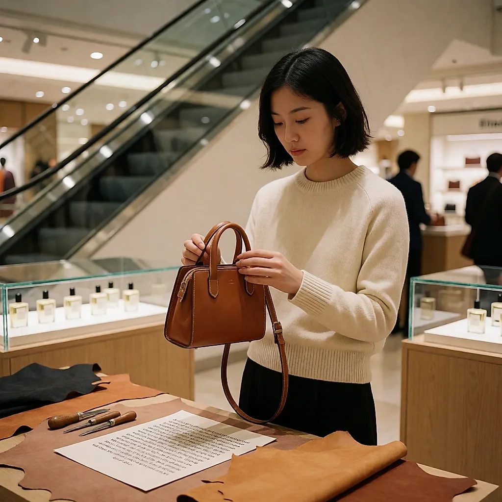 Une cliente examine une petite maroquinerie sur un stand éphémère en grand magasin