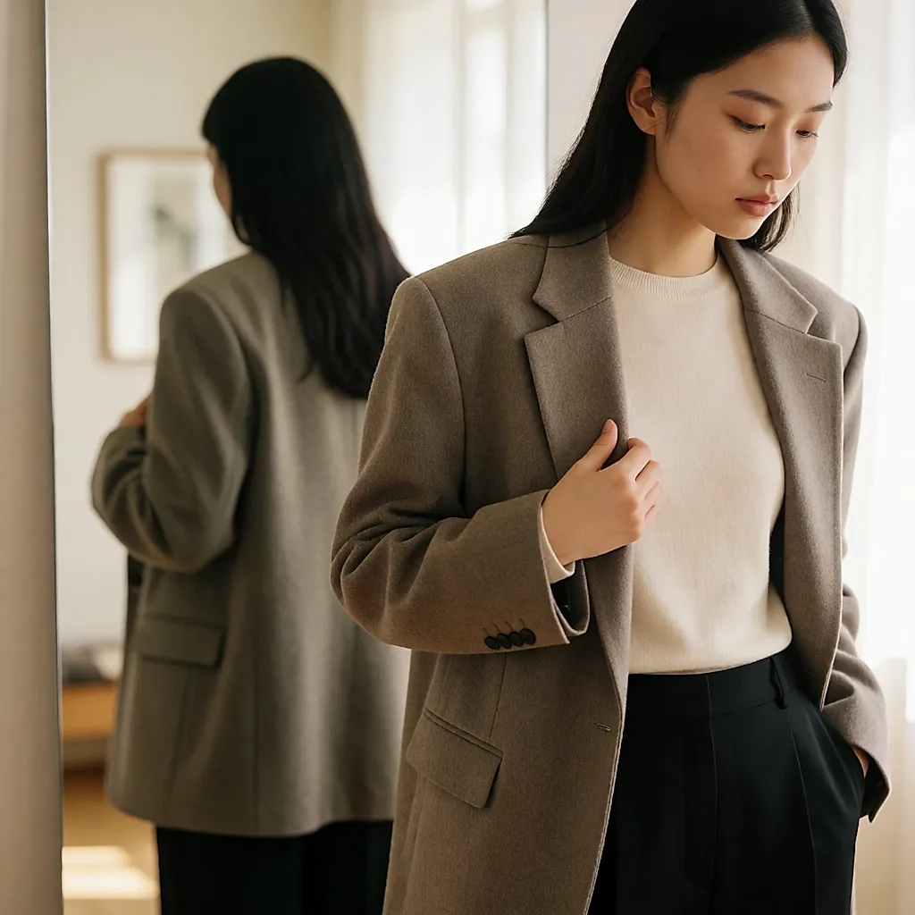 Silhouette hybride : épaule structurée et tombé souple d'un blazer porté en layering
