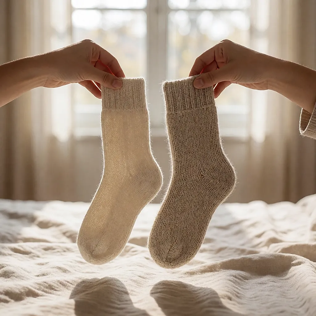 Deux chaussettes en laine comparées en main, l'une en mérinos fin, l'autre rustique