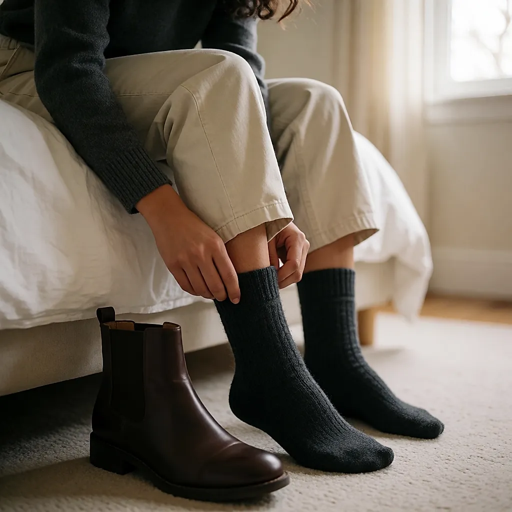 Une femme enfile une chaussette de laine sur son talon, au bord du lit