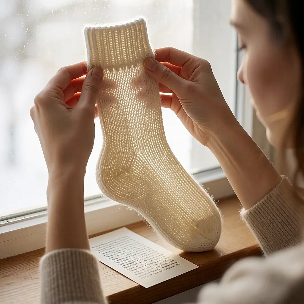 Chaussette de laine tenue à contre-jour devant une fenêtre pour juger la maille