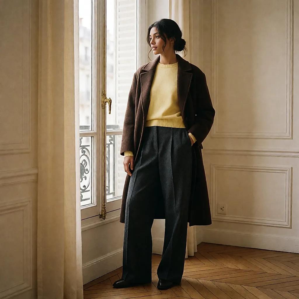 Un pull jaune beurre porté avec un pantalon anthracite et un manteau brun
