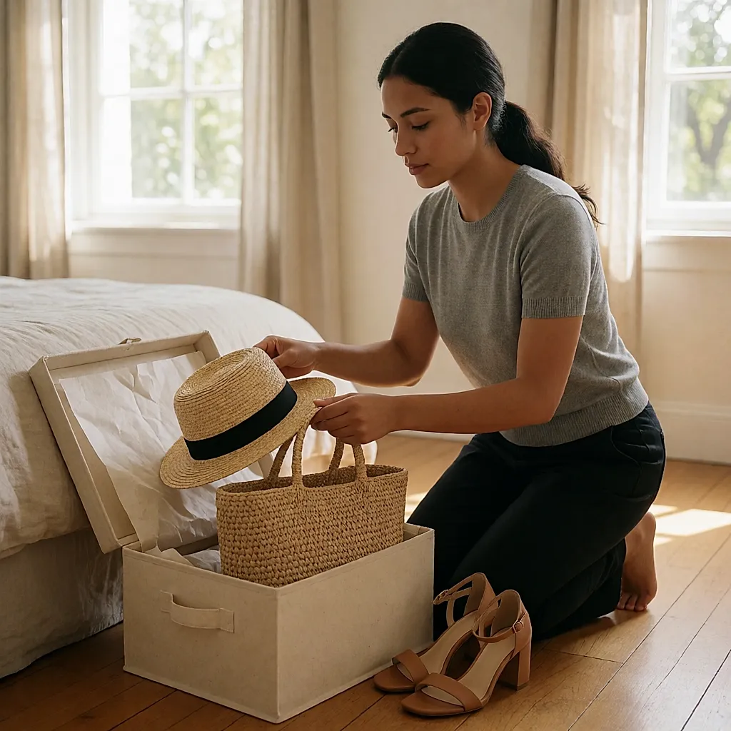 Une femme range un chapeau de paille, un cabas en raphia et une sandale dans un carton