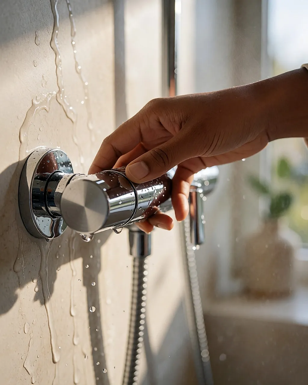 Mano girando el mando cromado de un grifo termostático, con un chorro de agua cayendo sobre la pared de la ducha