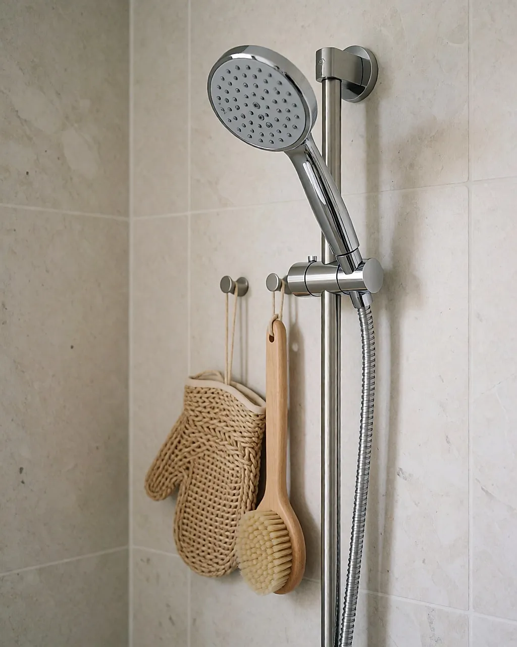 Alcachofa de ducha con chorros regulables, economizador de agua, cepillo suave y manopla de masaje colgados en la pared