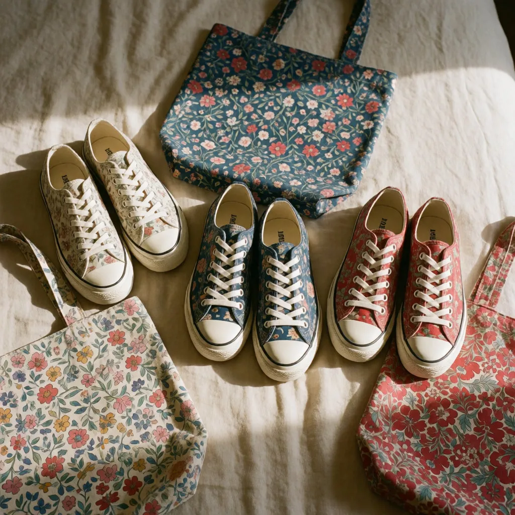 Drei Paar geblümte Sneaker und passende Taschen auf einem Bett, Draufsicht