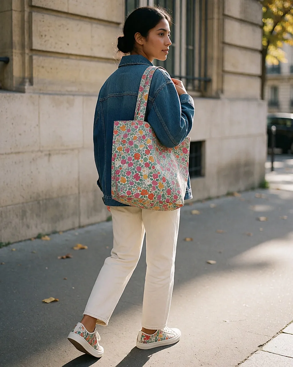 Aufeinander abgestimmte Bensimon-Liberty-Tote-Bag und Sneaker mit floralem Druck, getragen zu schlichter Kleidung, Rückansicht