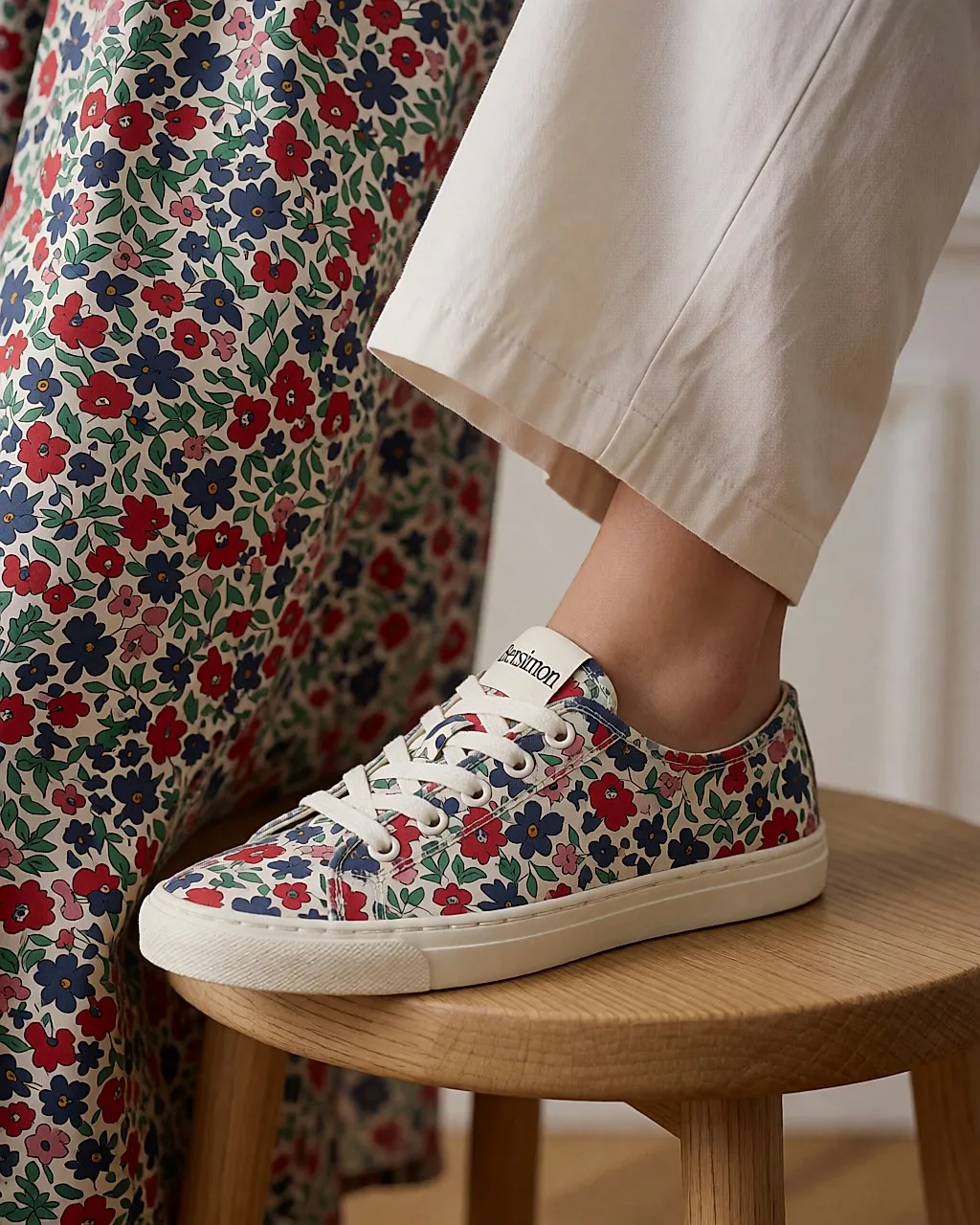Detail eines Bensimon-Liberty-Sneakers aus bedrucktem Leinen auf einem Hocker, Zungenetikett sichtbar