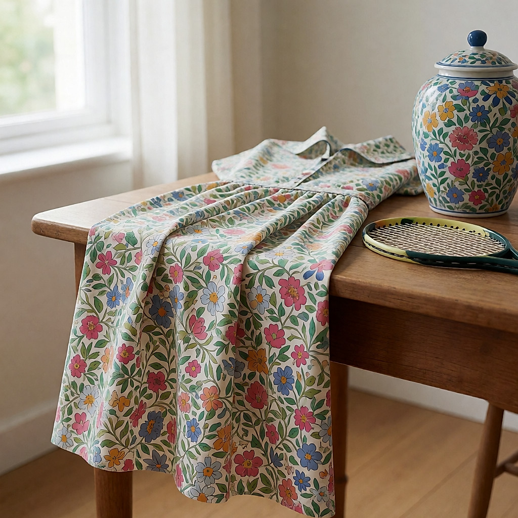 Floral bedruckter Liberty-Baumwollstoff auf einem Holztisch, daneben ein passender Sneaker
