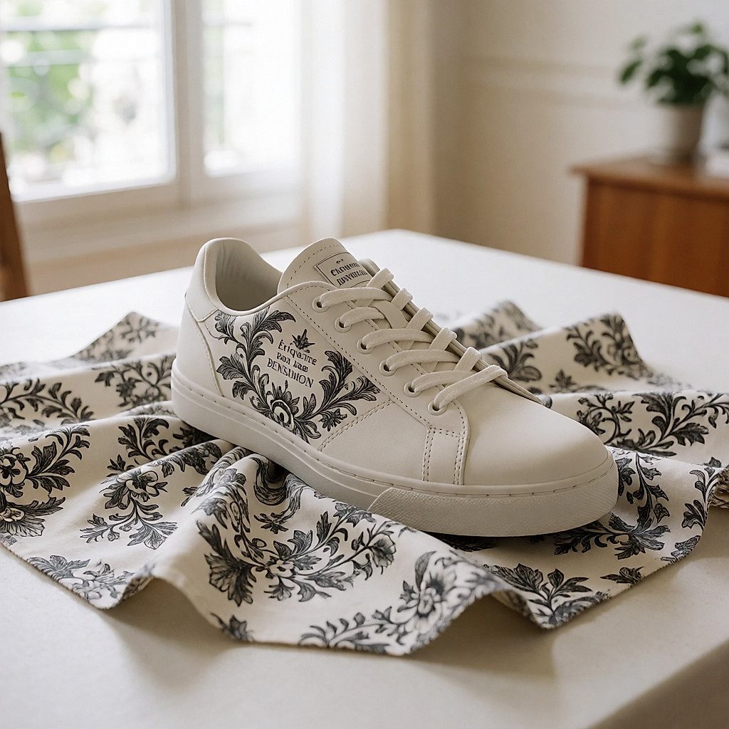 Gewebtes Bensimon-Etikett auf der Zunge eines Bensimon-Liberty-Sneakers, umgeben von bedrucktem Leinen