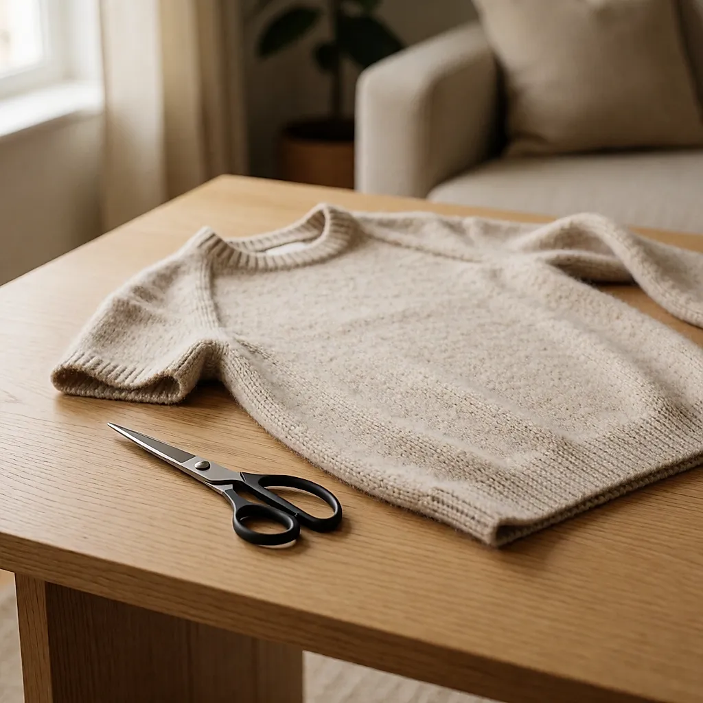 Fine-gauge jumper turned inside out on an oak table, showing the one-piece interior