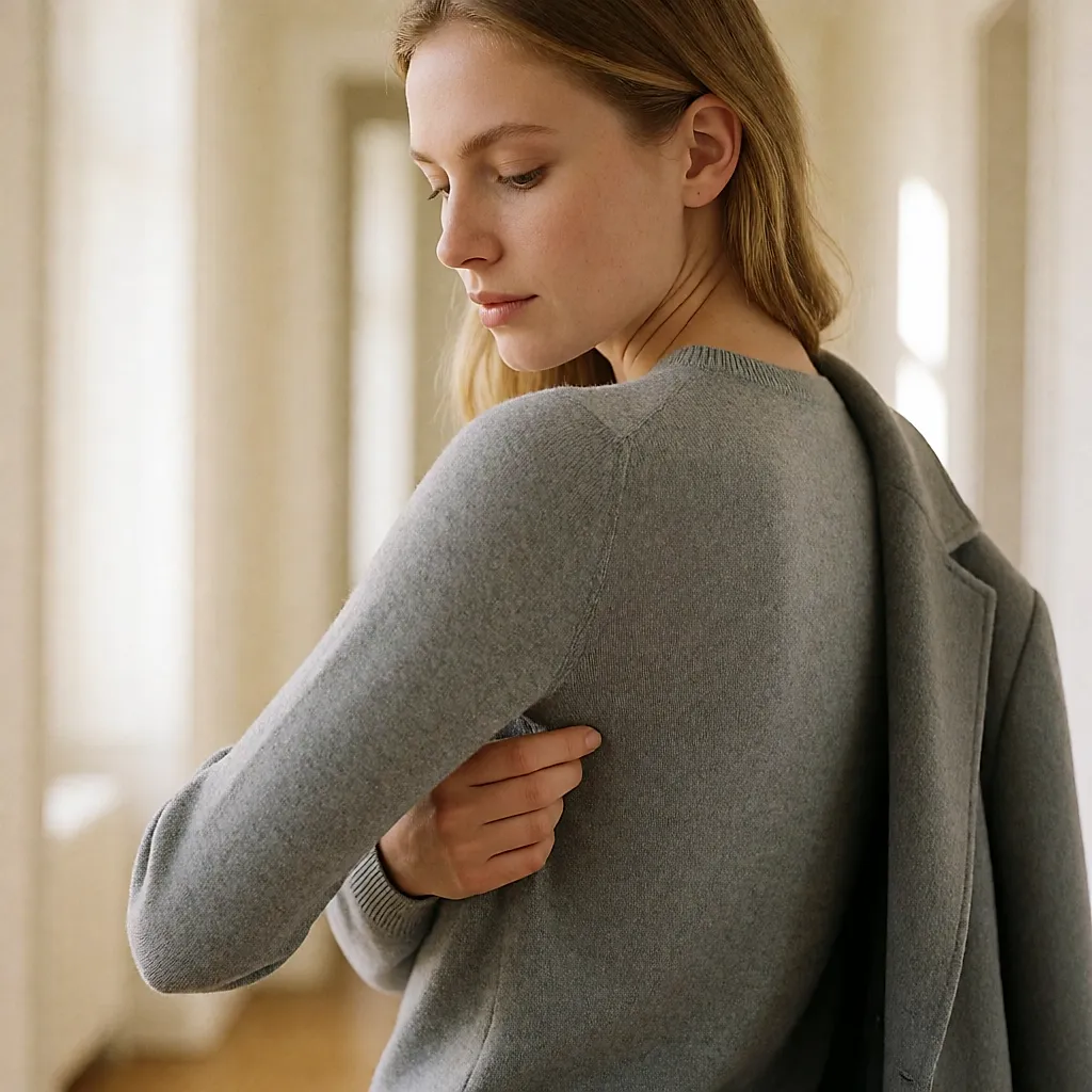 Detail of a seamless jumper shoulder under a coat, a hand smoothing the knit