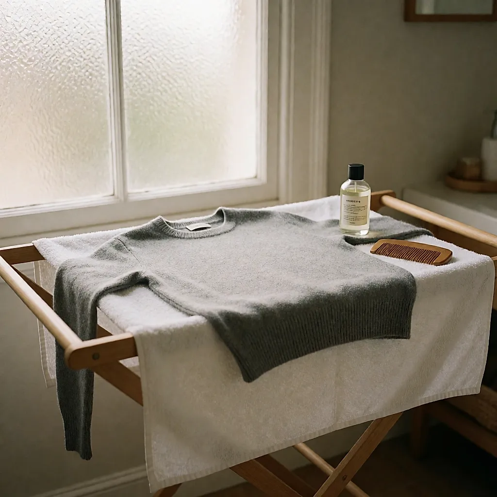 Fine-gauge jumper drying flat on a cotton sheet near a window