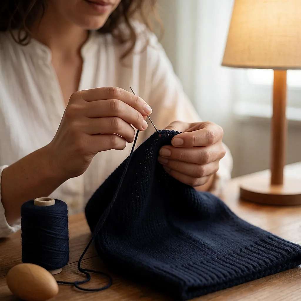 Hands holding a needle to darn a navy knit, stitch by stitch