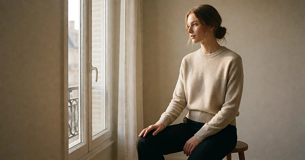 A fine-gauge one-piece knit jumper with no seams, showing how the fabric drapes.