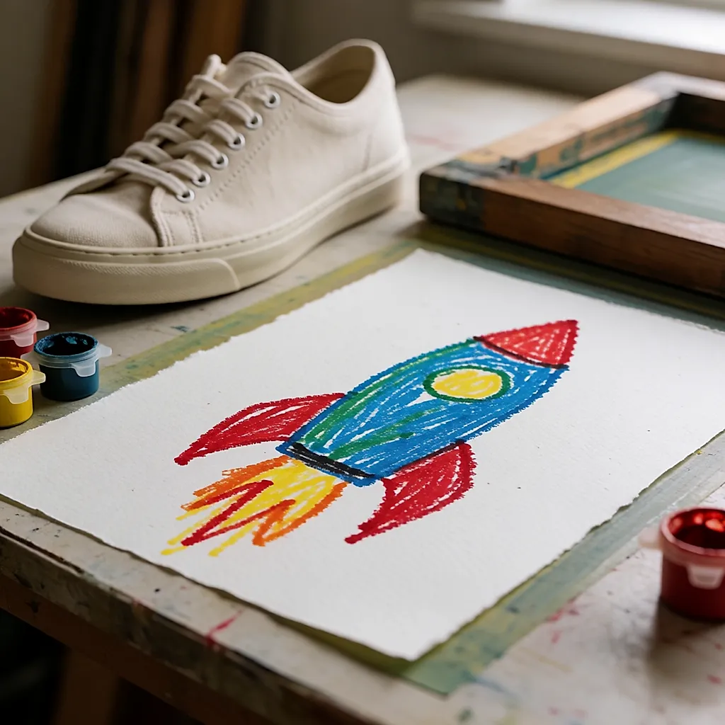 Un disegno a pennarello appoggiato sul banco di lavoro, vicino alla tomaia di una sneaker e a un telaio serigrafico