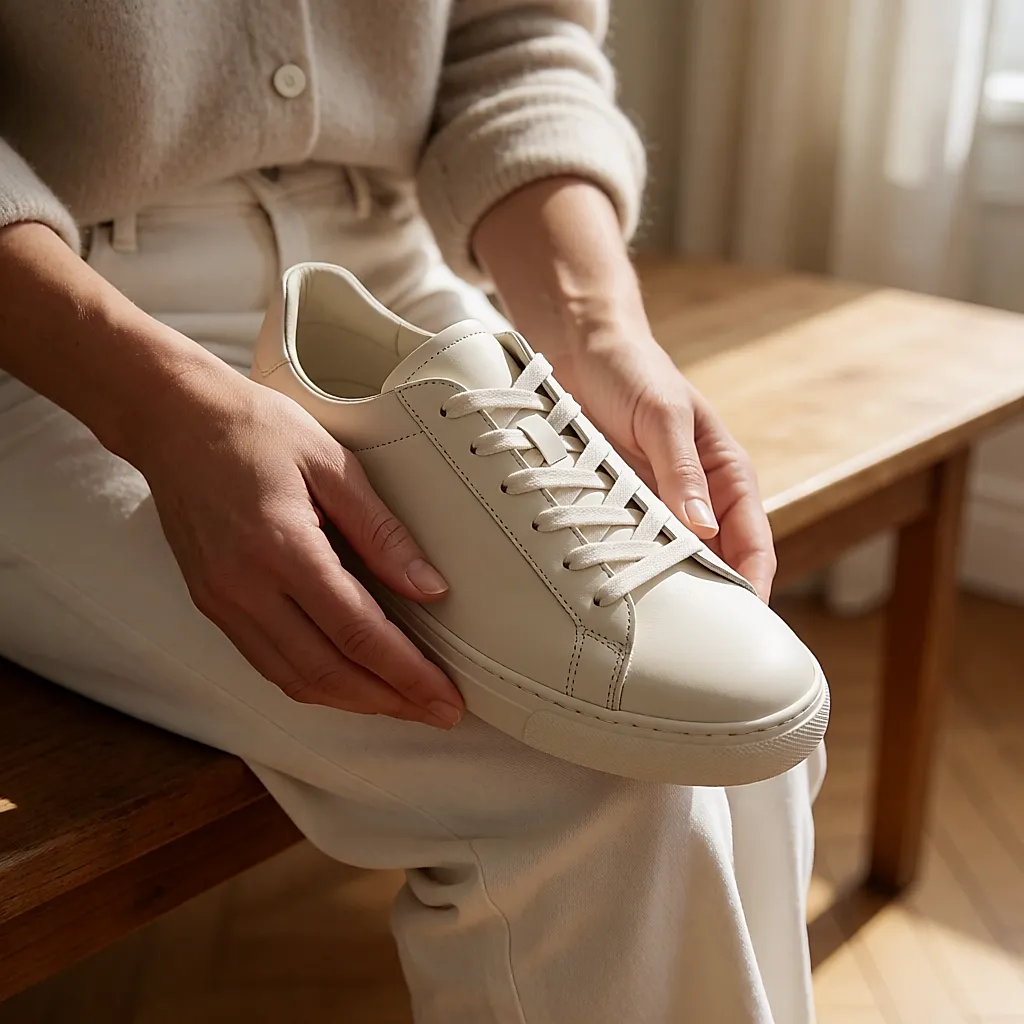 Mains d'une femme soupesant la souplesse et la forme d'une sneaker en cuir crème