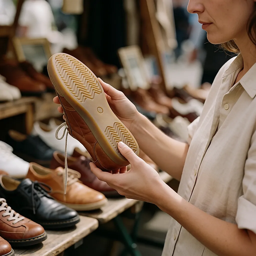 Femme inspectant la semelle jaunie d'une sneaker en cuir à la lumière du jour
