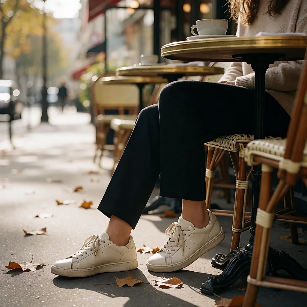 Jambes d'une femme en sneakers en cuir usé assise à une terrasse de café en octobre