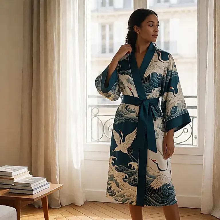 Robe d'intérieur coupée comme un kimono : la pièce qui habille l'immobilité, entre pyjama et tenue de maison