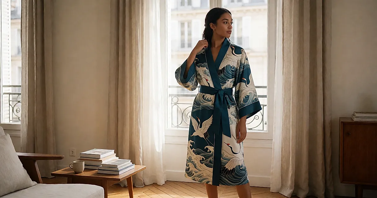 Robe d'intérieur coupée comme un kimono : la pièce qui habille l'immobilité, entre pyjama et tenue de maison