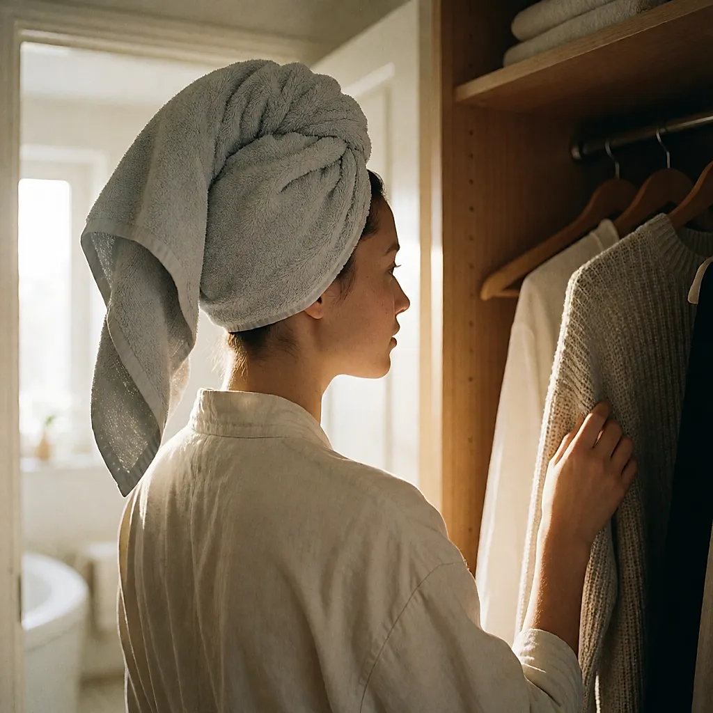 Toalla enrollada a modo de turbante sobre el pelo mojado mientras eliges la ropa