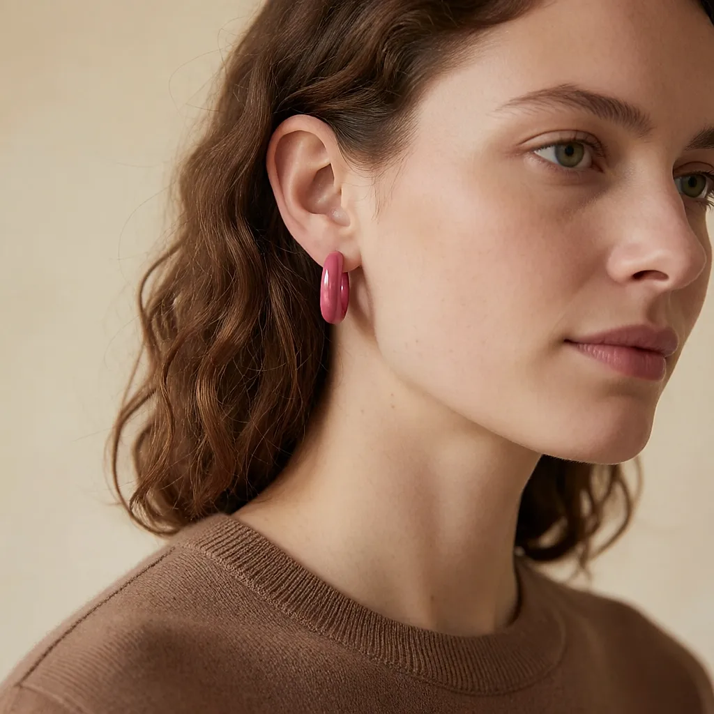 Boucles d'oreilles framboise portées avec une maille brune, lumière du jour