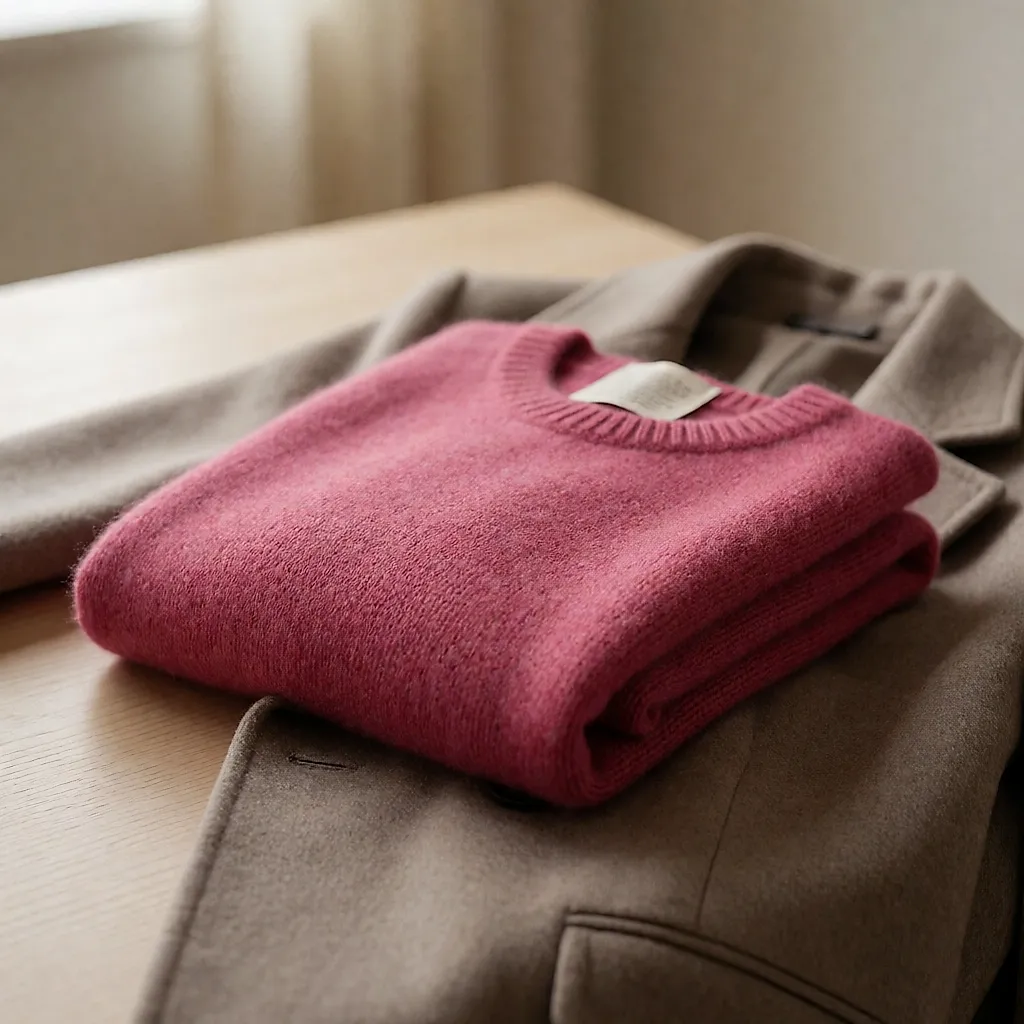 Maille framboise pliée sur une laine taupe, étiquette d'entretien visible