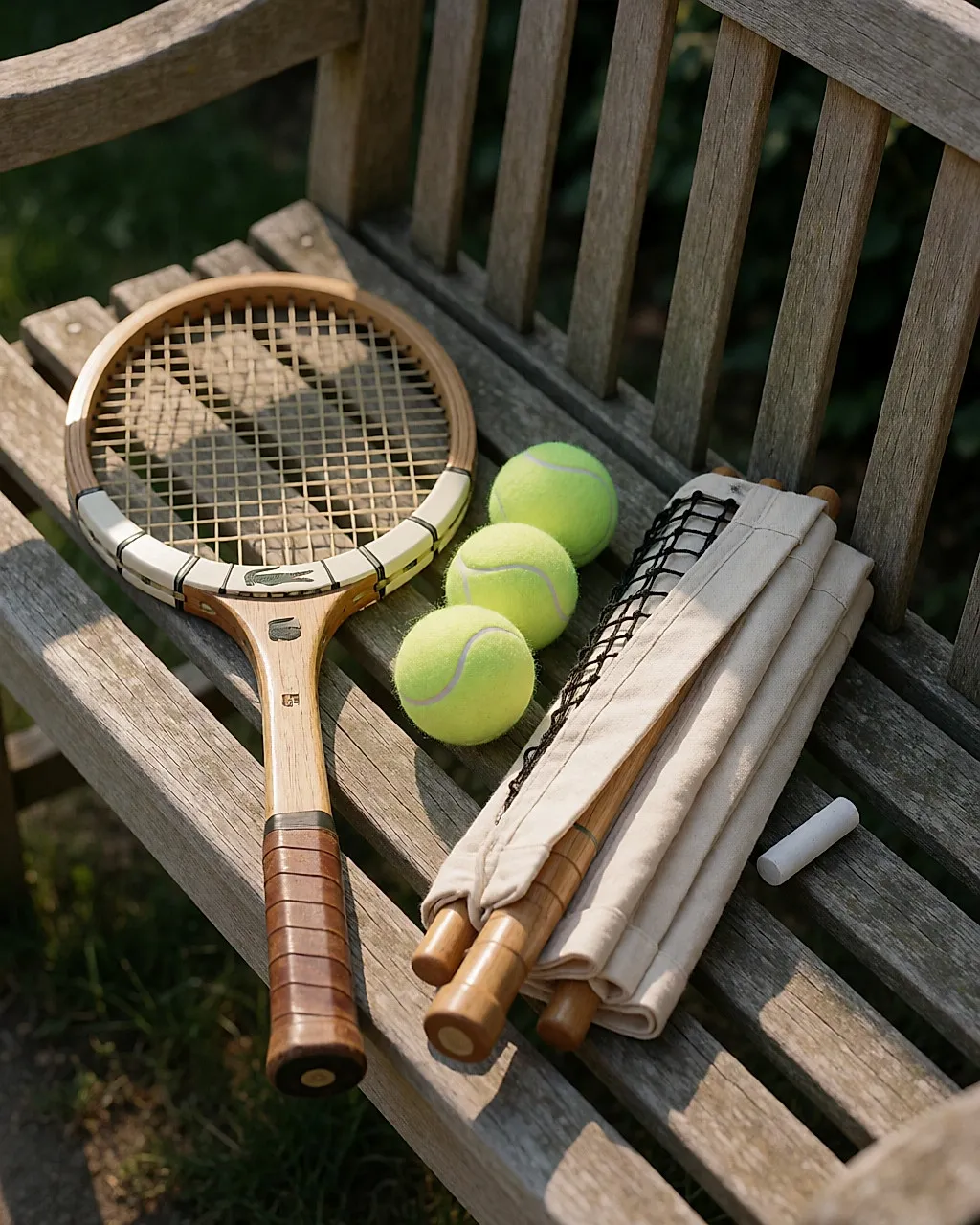 Raqueta de madera, pelotas de caucho natural y red textil plegada sobre un banco de madera