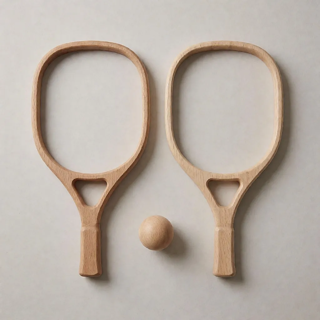 Fotografía de producto inspirada en Mandelli — par de raquetas de tenis de playa Pro con pelota de madera