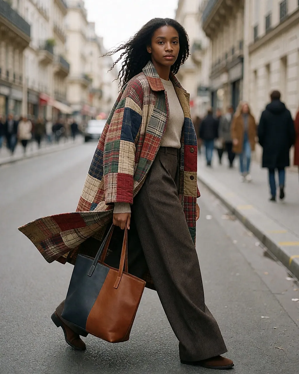 Junge Frau in einem Second-Hand-Patchworkmantel auf der Straße, Layering-Look