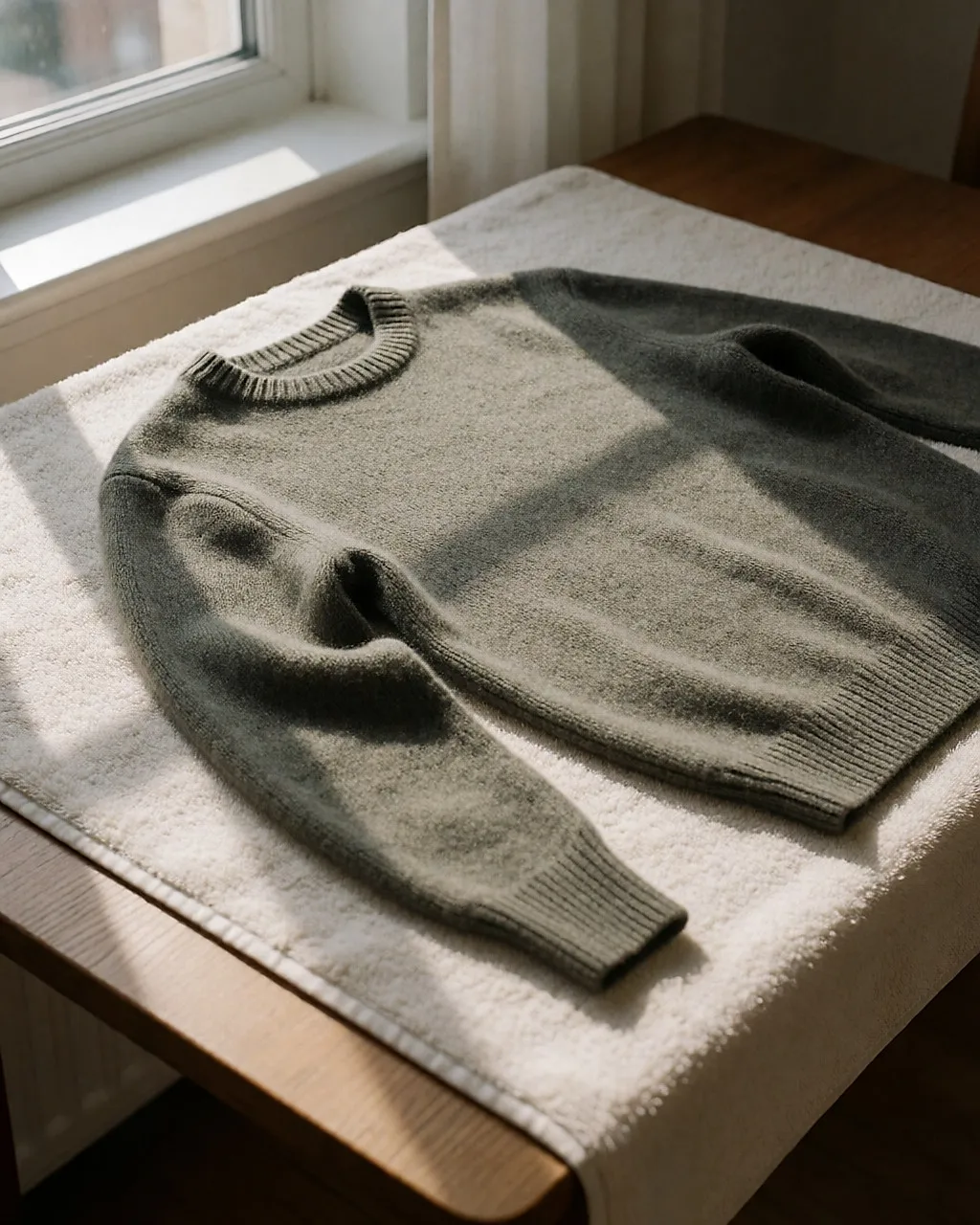 Wollpullover, flach auf einem Handtuch zum Trocknen neben einem Fenster ausgelegt