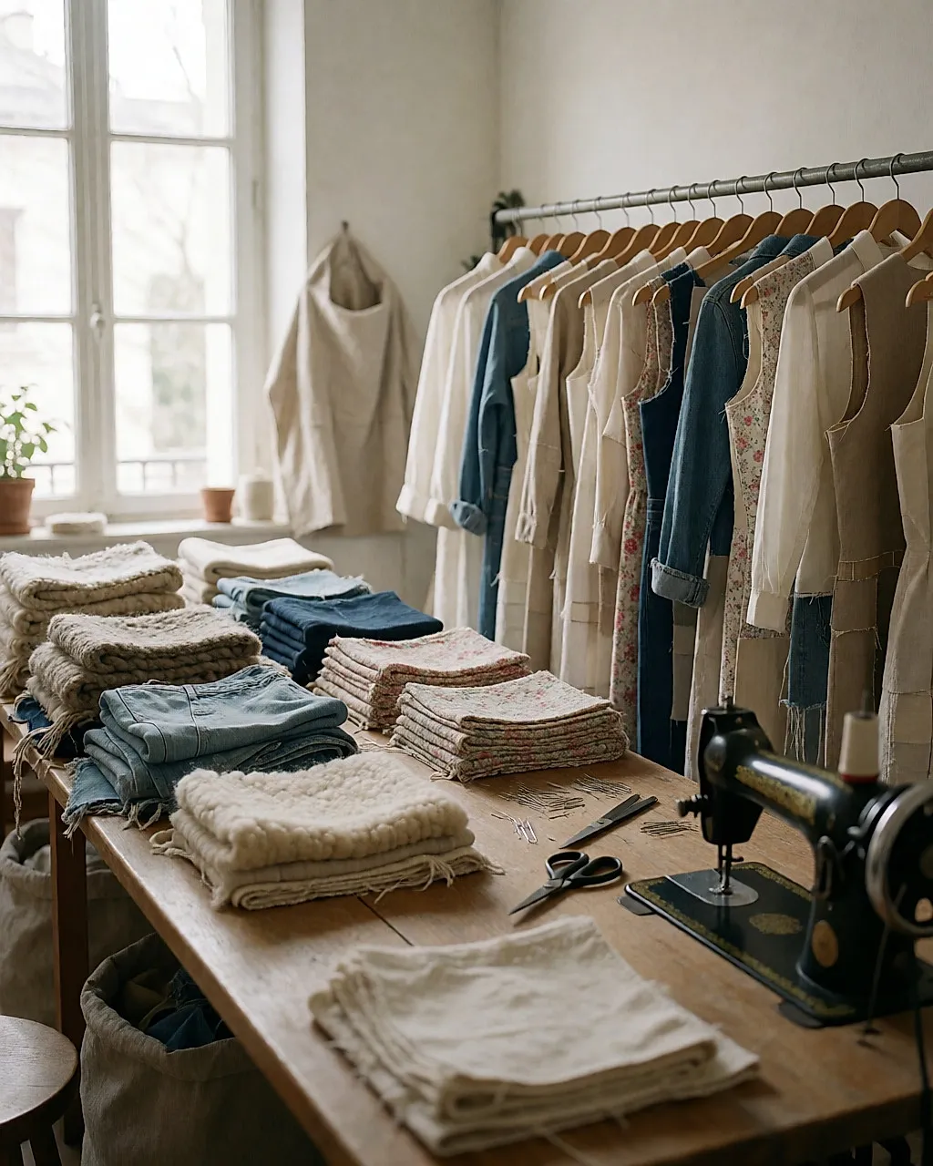 Upcycling-Werkstatt: nach Material sortierte Textilien und Kleiderständer mit Stücken in Arbeit