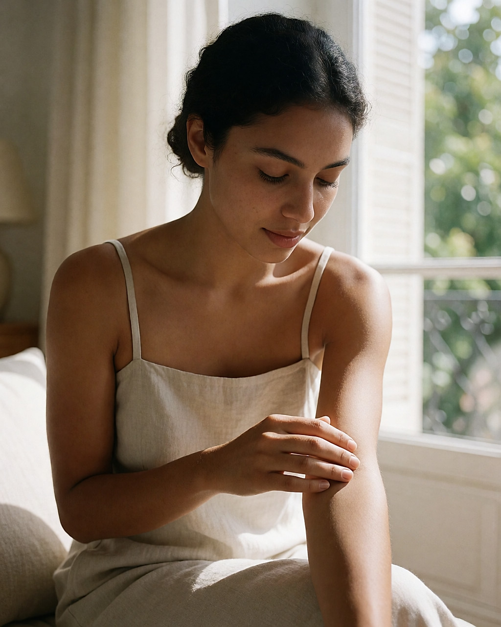 Jeune femme latina examinant son avant-bras à la lumière du jour, peau naturelle
